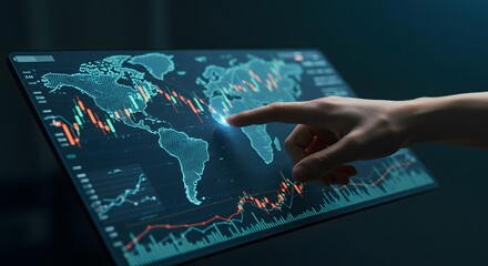 Fototapeta premium A hand interacting with a digital stock chart in a high-tech global financial setting