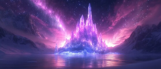 magical floating castle built entirely from ice, shimmering under a vibrant aurora in the starry sky, Generative AI