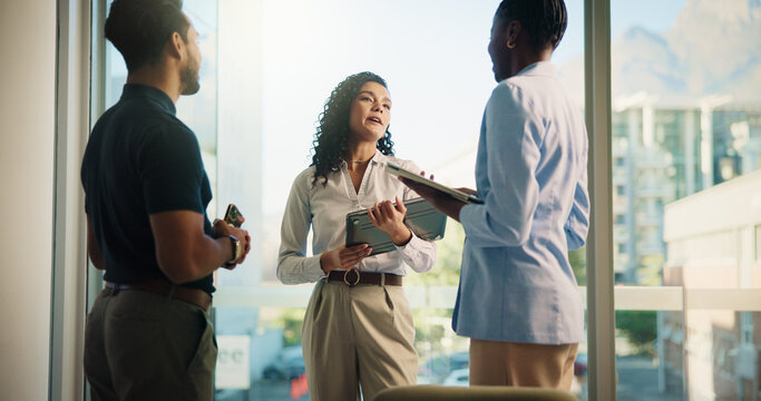 Office, group and business people in meeting for discussion, ideas or insurance policy for claims. Team, planning and workers in cooperation with technology for risk management or financial coverage