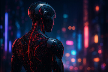 AI generated sci fi image of a humanoid android viewed from behind with glowing red circuits and exposed mechanical details set against a futuristic neon cyberpunk city at night