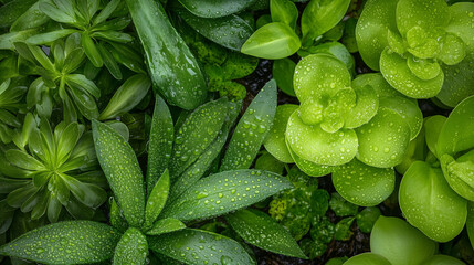 Lush green plants with raindrops in a vibrant garden setting