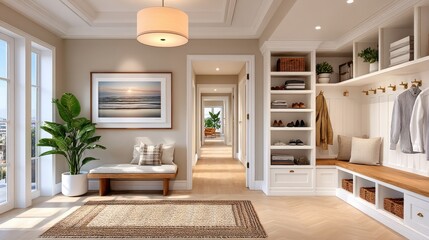 Fototapeta premium Beautifully organized hallway interior with stylish bench and built-in storage
