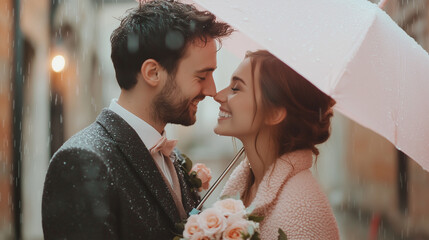 Romantic couple sharing a joyful moment under an umbrella in the rain