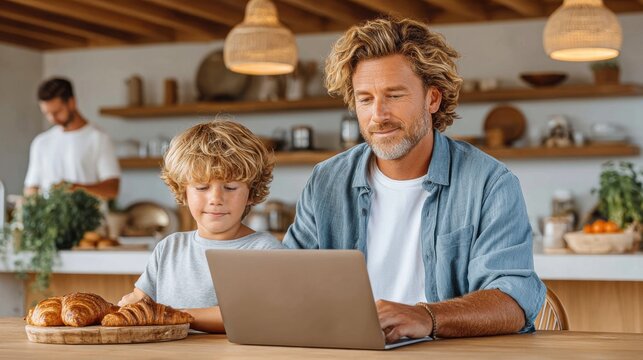 Father and son bonding while using a laptop in a modern kitchen setting
