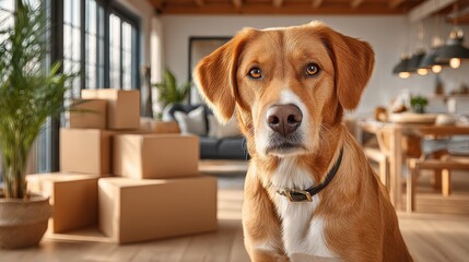 Dog sitting in a cozy living room with moving boxes and plants