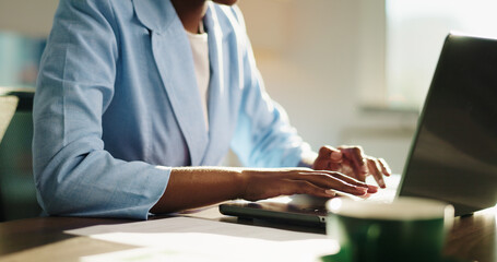 Creative, hands and woman with typing on laptop for article submission, blog research and editing....