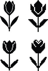 Pixel-style tulip vector set - 4 floral 8-bit silhouettes, EPS JPEG PNG