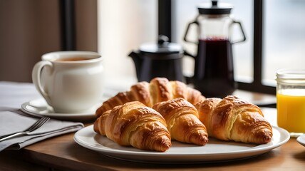 Overhead view of fresh croissants with butter and jam on plate, morning breakfast near window
