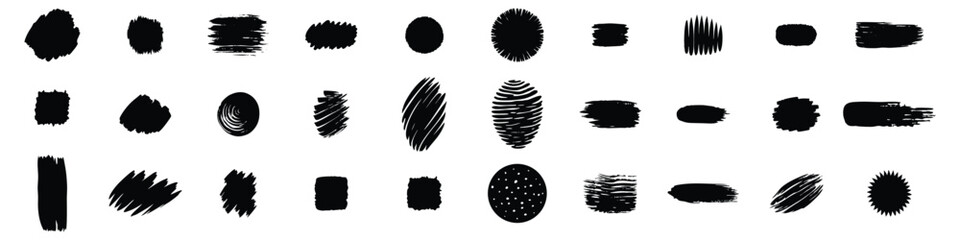 Set of abstract black brush shapes on white background.