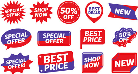 Find the best deals and special offers shop now with our fifty percent off new price stickers set editable stock vector illustration