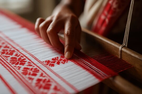 hand weaving traditional Assamese gamocha or mekhela sador on a wooden loom, red and white threads