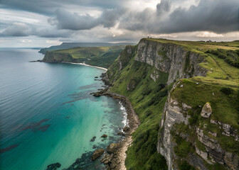 Seaside Cliffs Under Cloudy Sky: A breathtaking aerial perspective of dramatic coastal cliffs plunging into the vibrant turquoise sea. The rugged cliffs and wild sea meet.