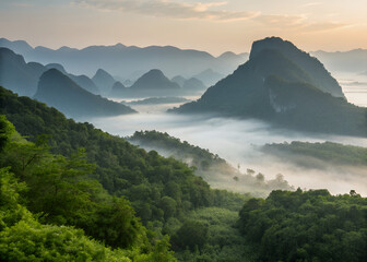 Misty Mountain Vista: The image depicts a breathtaking view of rolling mountains shrouded in a veil of mist, painted by the soft hues of dawn. An ode to natural serenity.