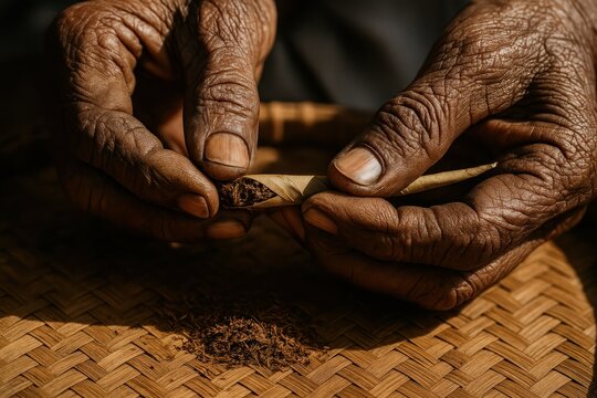 Old hands rolling bidi with tobacco, rural India craftsmanship and tradition closeup