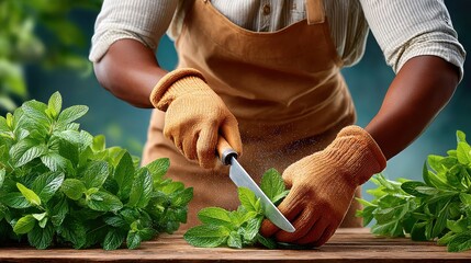 Gardener Wearing Gloves Cutting Fresh Herbs in a Vibrant Outdoor Setting