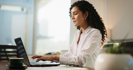 Laptop, research and businesswoman in office with typing, communication or email with finance...