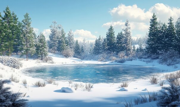 serene depiction of a snowy park bench under a softly glowing streetlight, with a dusting of fresh snow on the ground, Generative AI