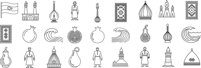 Distinct Azerbaijani Culture and Traditional Symbols Outline Line Icons Set