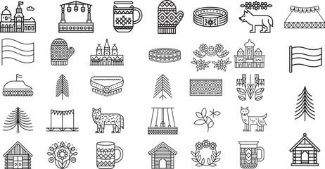 Diverse Russian Culture and Traditional Symbols Outline Line Icons Set