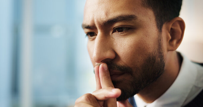 Thinking, idea and attorney in office with business, advocate and justice career. Legal aid, consultant and doubt for opportunity with lawyer person for law firm, agency and legislation with space