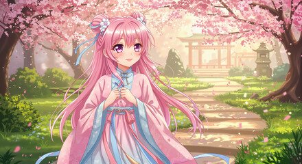 Young girl in pink kimono enjoying cherry blossoms in spring  