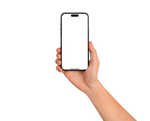 Hand holding smart phone with blank screen.