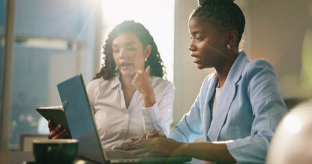 Business, people and reading on laptop in office for planning, finance report and review budget....