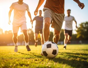 Fototapeta premium Group of young players kicking a soccer ball together on a sunny outdoor field, joyfu