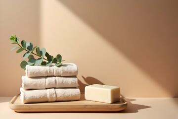 Beige Linen Towels with Handnade Soap on Wooden Tray – Natural Bathroom Styling with Eucalyptus and Earth-Tone Background