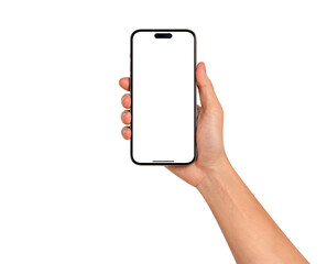 Hand holding smart phone with blank screen.