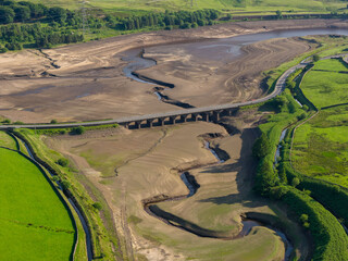 Aerial view of a dramatically low Woodhead Reservoir during drought conditions, The reservoir, part...