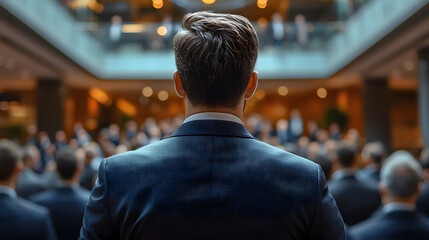 Bussines meeting. Businessman in suit stands facing crowd of colleagues in office