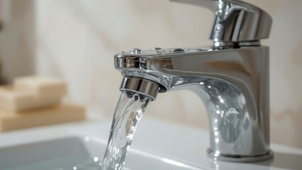 Close-up of Modern Chrome Faucet with Water Flowing into a Sink
