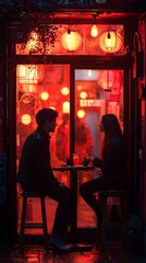 Fototapeta premium A cinematic first date scene in a dimly lit red caf