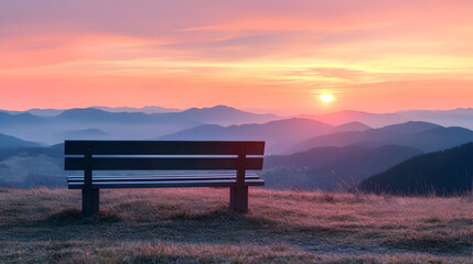 Bench overlooks mountain landscape at dawn