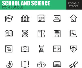 School and Science Icon Bundle – Flat Vector Icons for Education, Scientific Tools, Chemistry, Physics, and Classroom Learning
