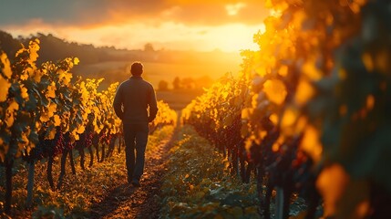 Fototapeta premium Winemaker walking through misty vineyard at sunrise