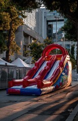 Inflatable red and blue slide standing on city street