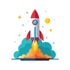 Rocket launch vector illustration, colorful space shuttle icon, spacecraft takeoff, science technology design

