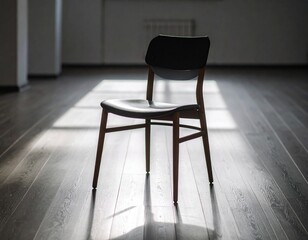 A solitary chair in the middle of a large empty room, stark contrast between light