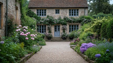Obraz premium Elegant manor with taupe window frames, rose terrace, and quartz path leading to periwinkle door 
