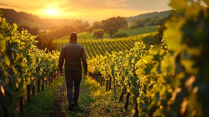 Fototapeta premium A farmer walking through a vibrant spring vineyard at sunset