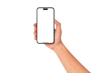 Hand holding smart phone with blank screen.