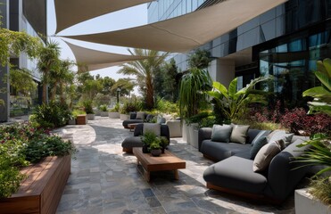 Relaxing outdoor patio seating area with shade sails providing comfort and style
