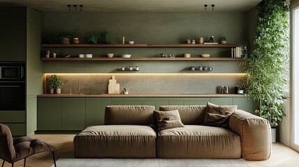 Elegant apartment with moss green kitchen, wooden shelves, taupe walls, and chocolate brown sofa. 