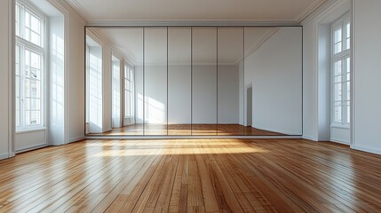 Empty room with mirrored closet doors and wooden floor, offering a spacious feel 