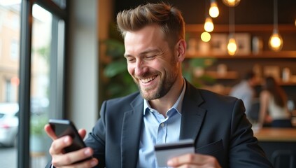 Attractive Latin businessman text messaging through mobile phone against colored, business building background
