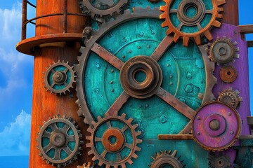 Rusty Clockwork Gears Steampunk Design Teal Purple Background