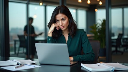 Smiling young businesswoman talking on phone while working on her laptop at the office desk