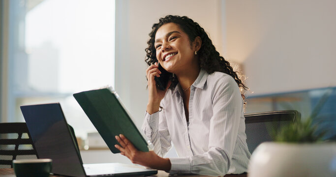Tablet, phone call and smile with business woman in office for planning, client approval and stock growth. Investment banker, communication and portfolio success with person for digital report